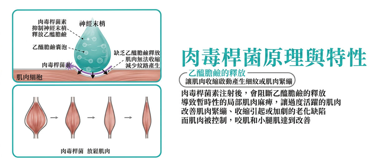 肉毒桿菌原理:阻斷乙醯膽鹼釋放,讓肌肉放鬆