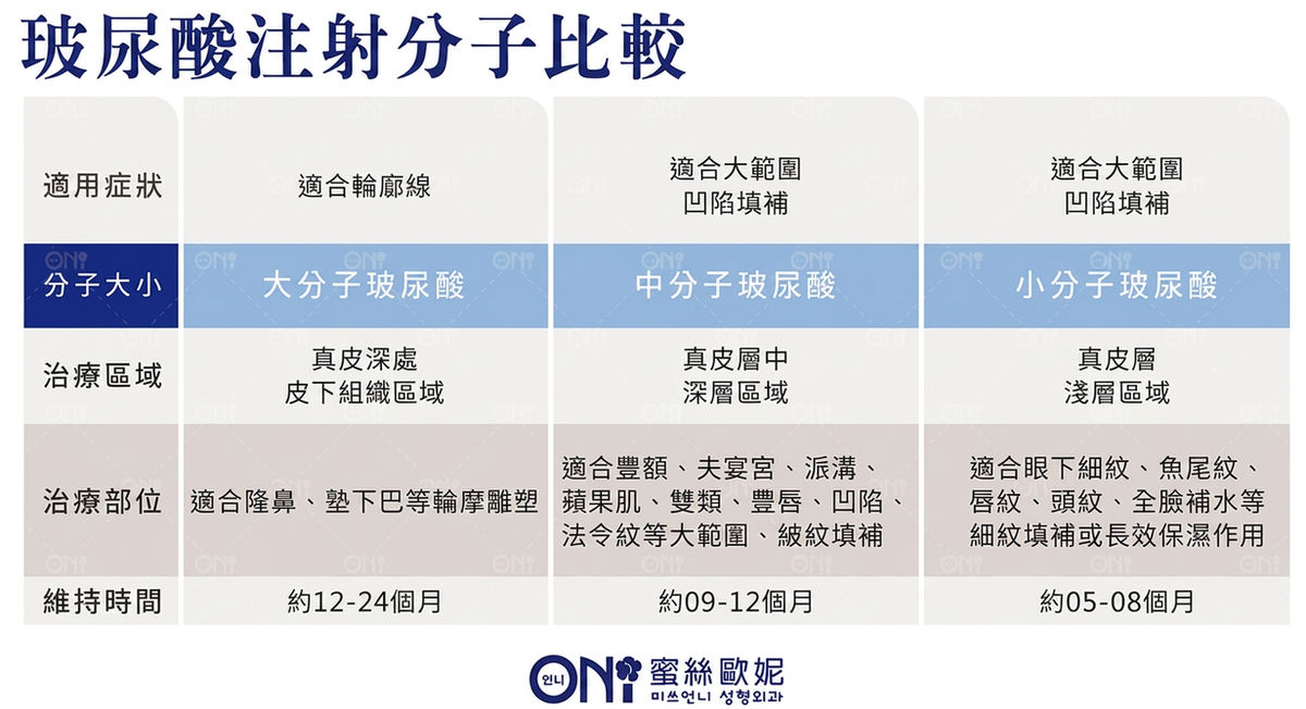 玻尿酸注射分子比較表:適用症狀、治療區域與維持時間