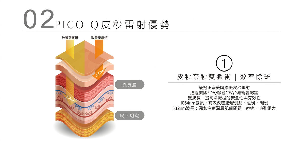 PICO Q 皮秒奈秒雙脈衝、1064nm 與 532nm 雙波長作用深度